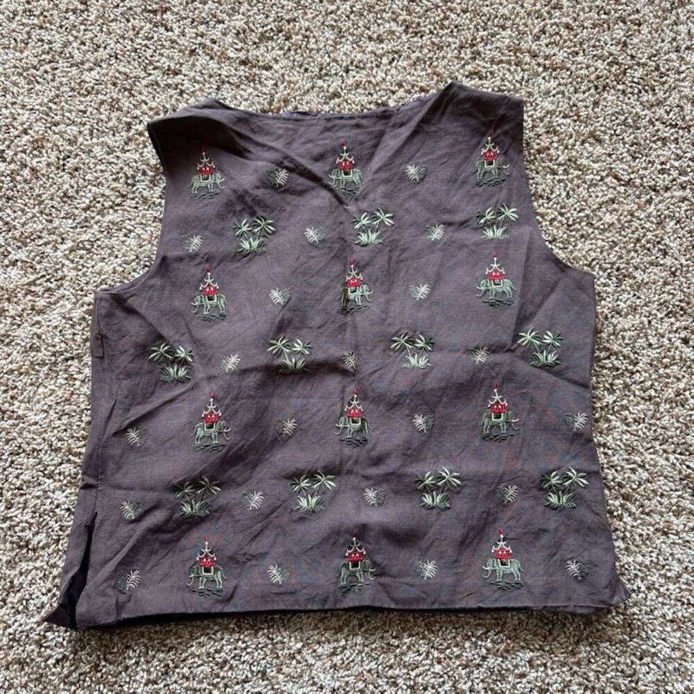 Talbots Petites Silk/Linen Brown Pullover Sleeveless Vest sz 6 Elephants/Palm - Picture 6 of 7